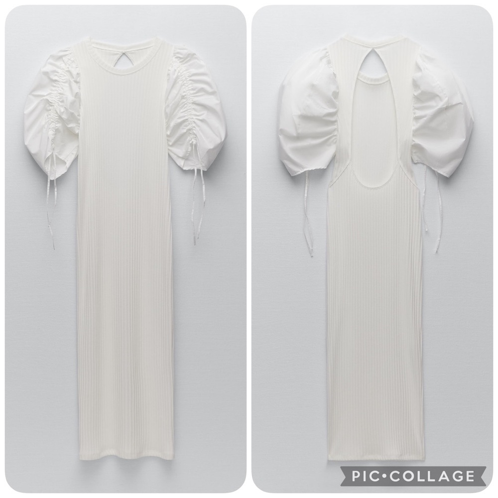 Zara Ribbed Knit Puff Sleeve Back Cutout Midi Dress NWT - Picture 5 of 16